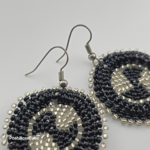 Handmade Black & Silver Beaded Earrings – 1.25" Diameter - Picture 15 of 15
